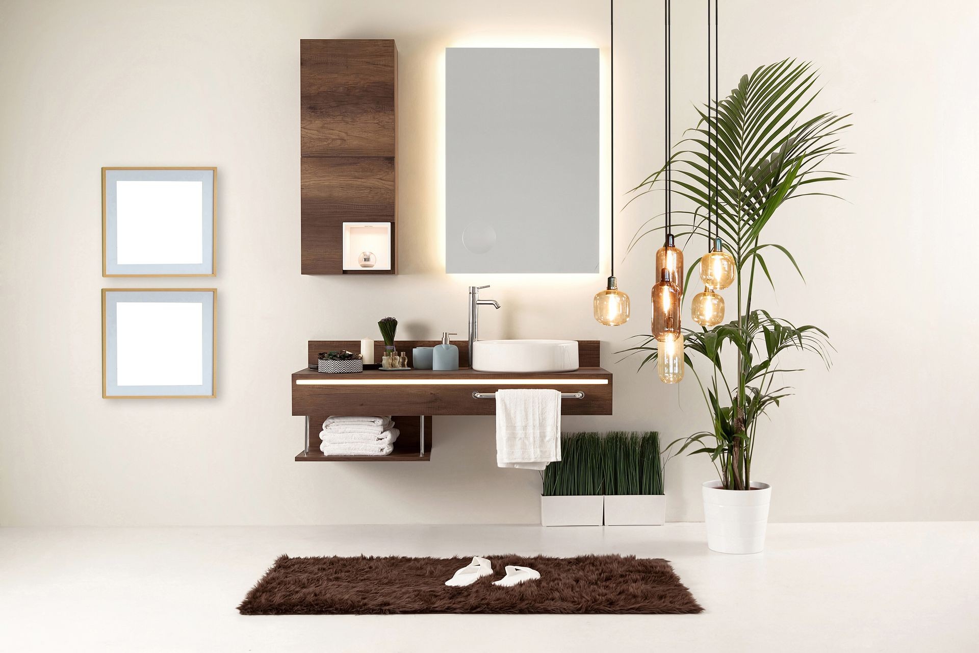 brown cupboard designed clean bathroom decorative lamp