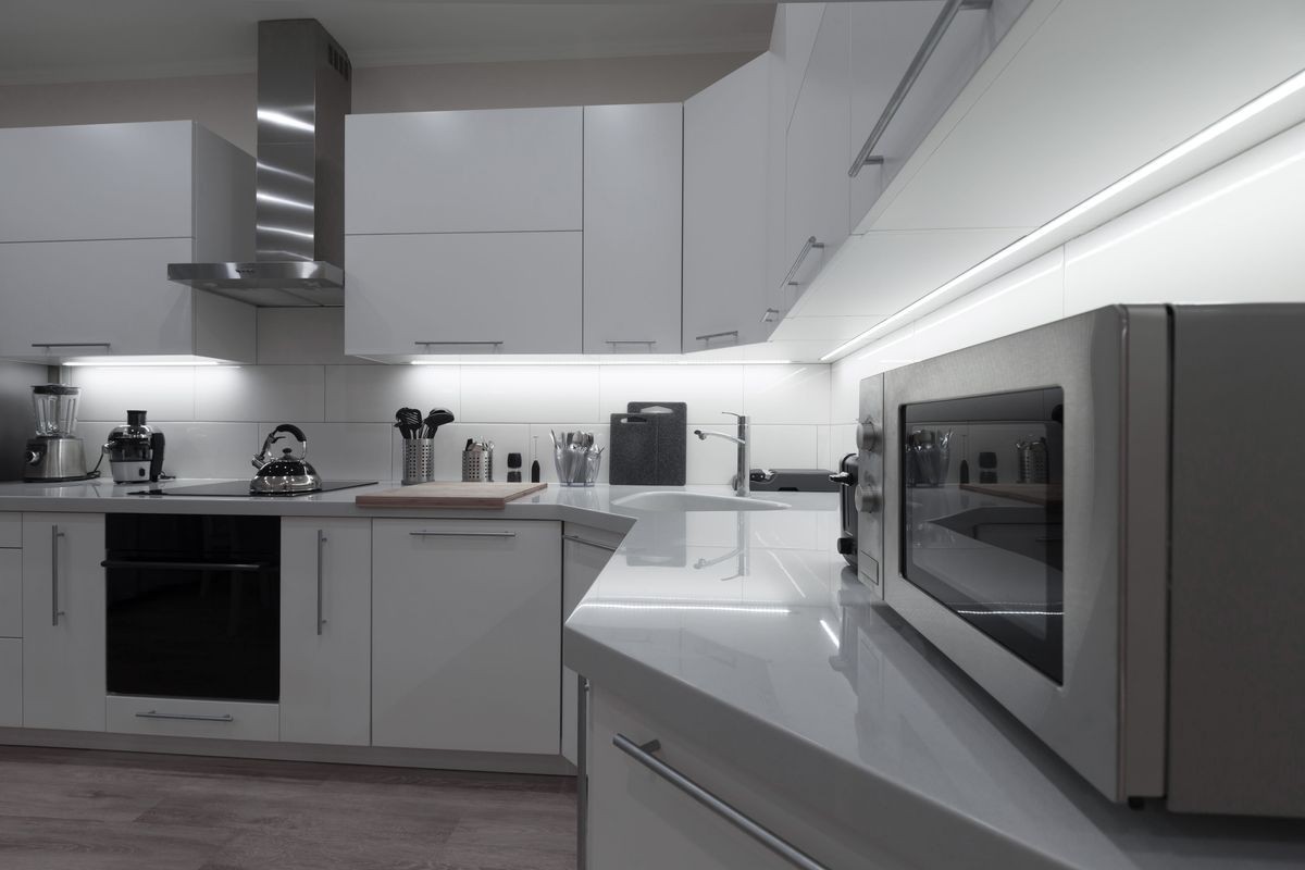 Sydney Kitchen. apartment kitchen. Modern style. Nature materials. White, gray, beige color. Fashion luxury kitchen.